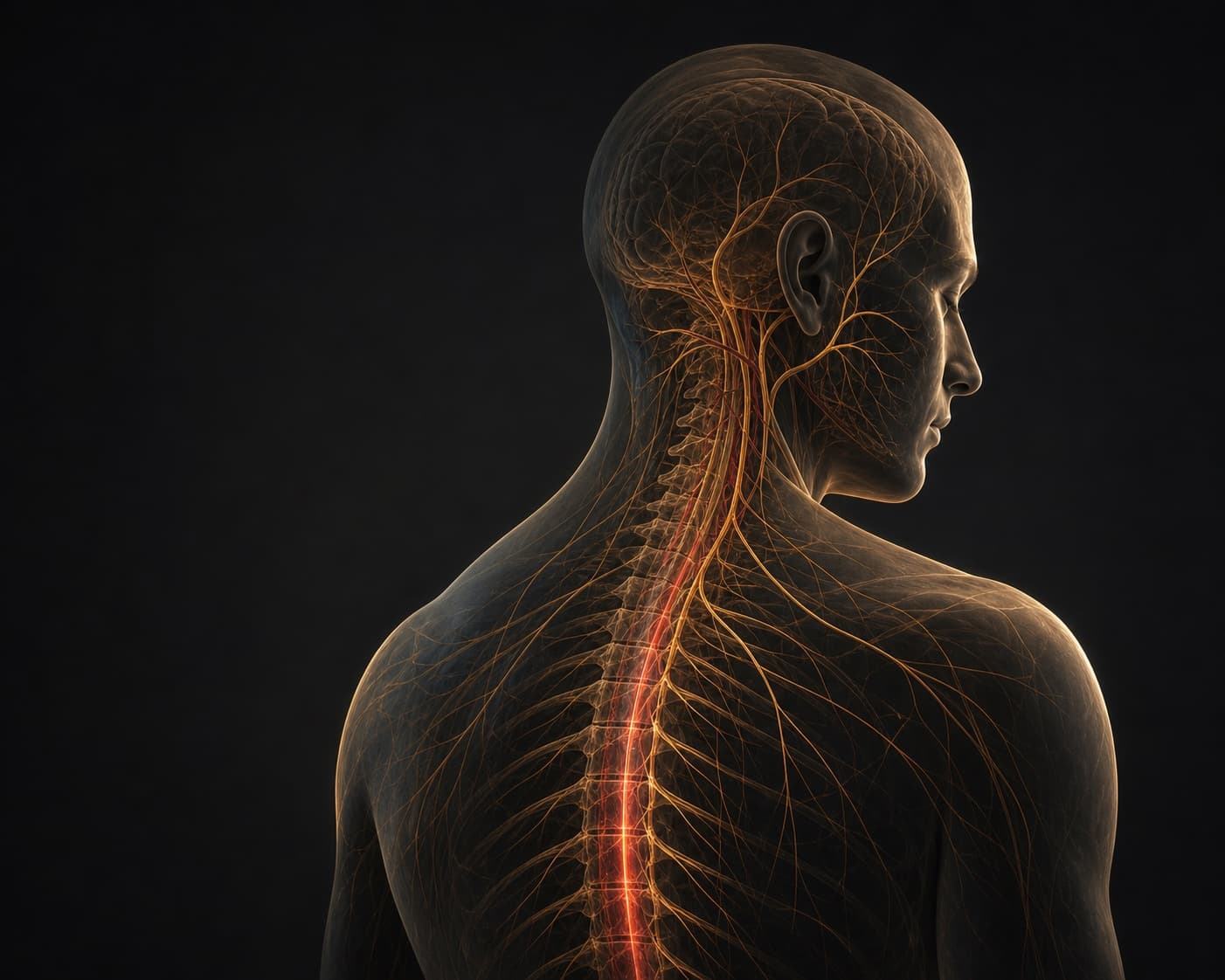 A human profile revealing the nervous system and spinal pathways